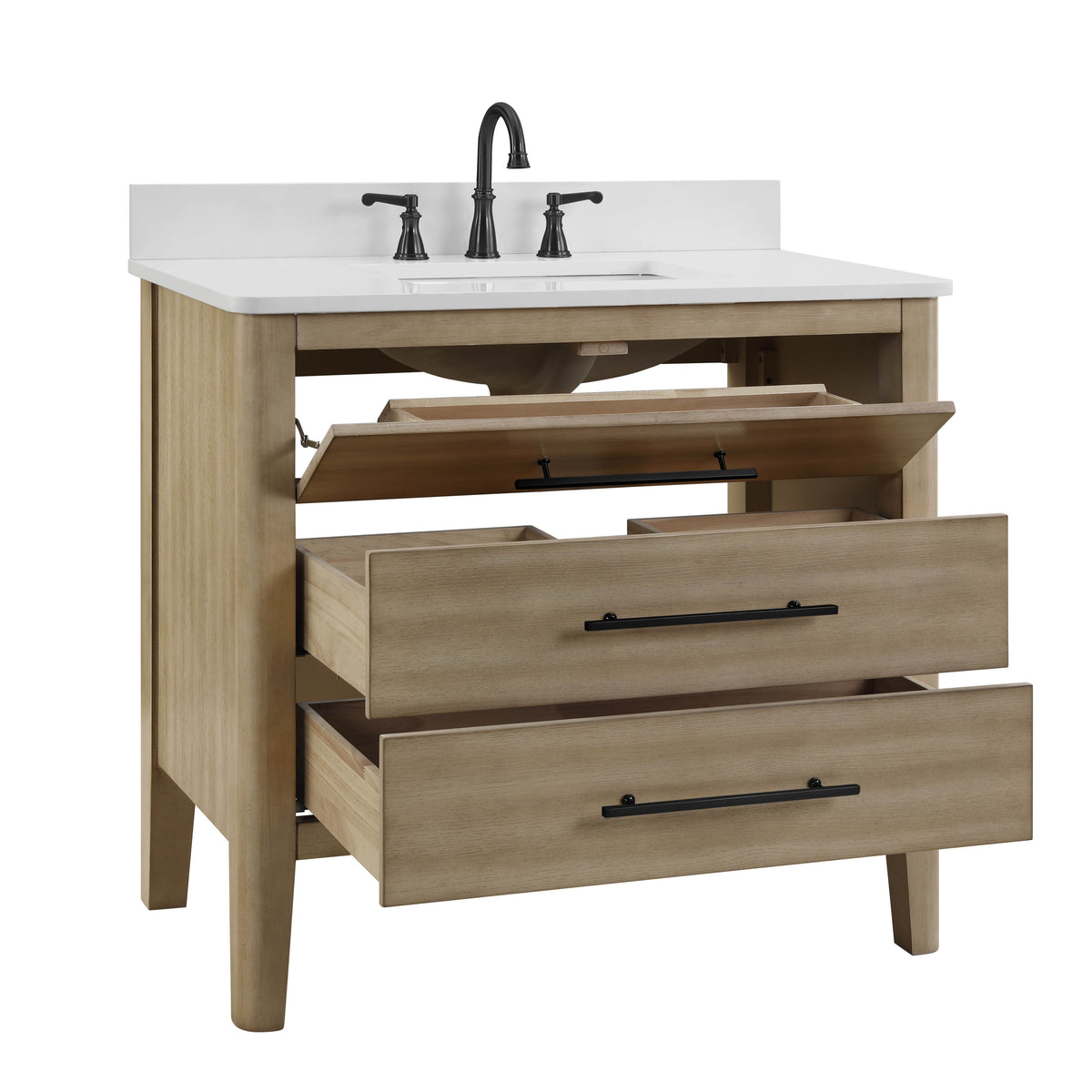 Safford 36 inch bathroom vanity quartz top with modern design and natural wood finish, featuring storage drawers.