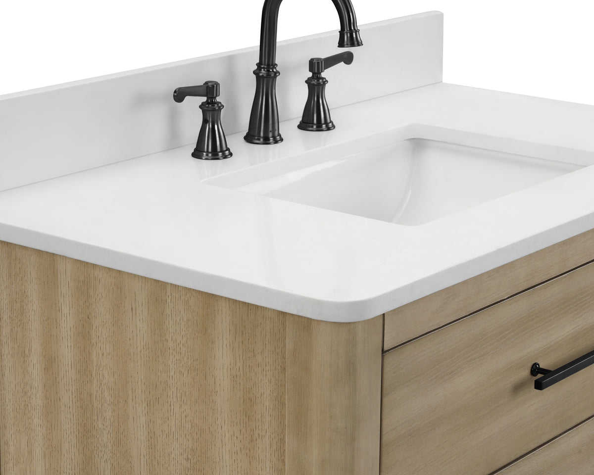 Safford 36 inch bathroom vanity quartz top with white quartz countertop and black faucet