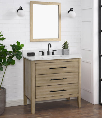 36 inch light wood bathroom vanity with Carrara quartz top, modern design with smart storage and natural warmth.