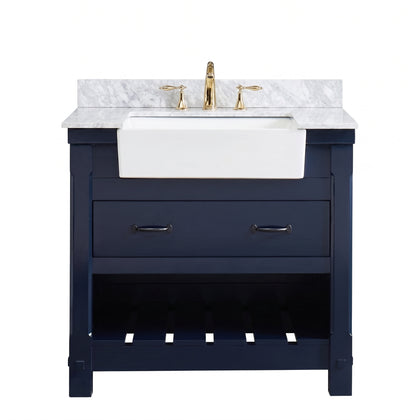 Farmington navy blue 36" Open Shelf Vanity Set with Premium Carrara Marble Top