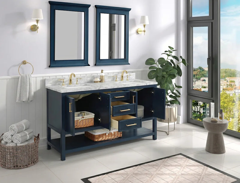 60 inch Manhattan vanity with Carrara marble top in a modern bathroom setting, featuring blue cabinetry and mirrors.