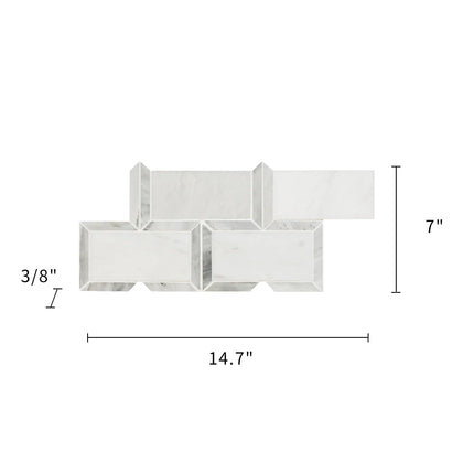 Size diagram of Oriental White Subway Tile with Carrara Border – 15x7 inch polished marble mosaic tile layout