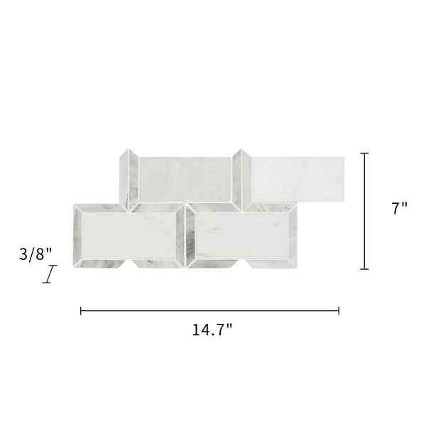 Size diagram of Oriental White Subway Tile with Carrara Border – 15x7 inch polished marble mosaic tile layout