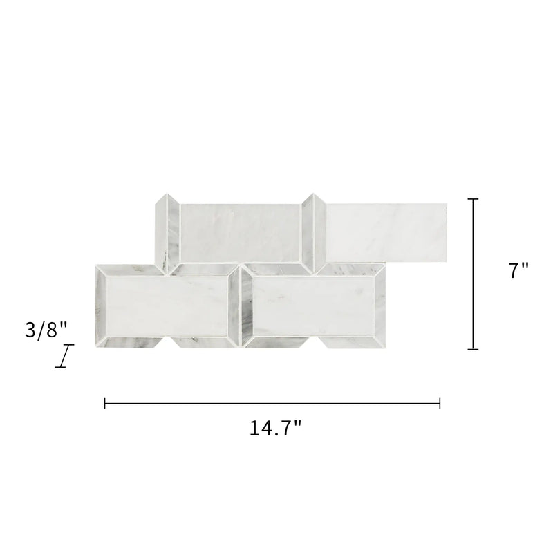 Size diagram of Oriental White Subway Tile with Carrara Border – 15x7 inch polished marble mosaic tile layout