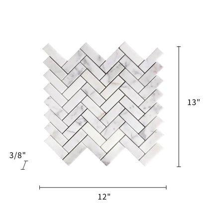 Size diagram of Calacatta Herringbone Honed Marble Mosaic Tile – 12x13 inch layout with pattern details