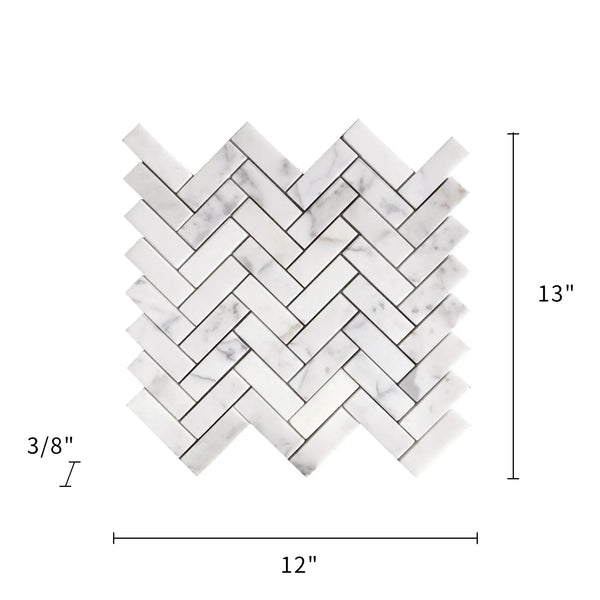 Size diagram of Calacatta Herringbone Honed Marble Mosaic Tile – 12x13 inch layout with pattern details