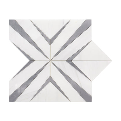 Single 12x12 inch Aphrodite Light Gray Diamond Pattern Polished Waterjet Mosaic Tile – elegant geometric design in polished light gray marble