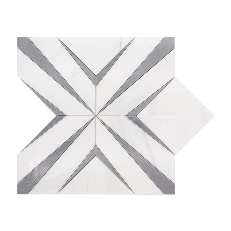 Single 12x12 inch Aphrodite Light Gray Diamond Pattern Polished Waterjet Mosaic Tile – elegant geometric design in polished light gray marble