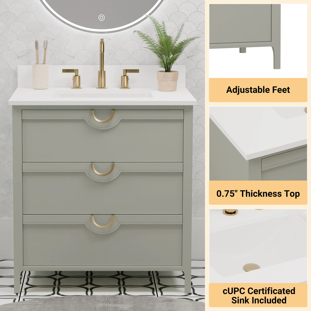 Yulan 30" Single Vanity With Pure White Quartz Top