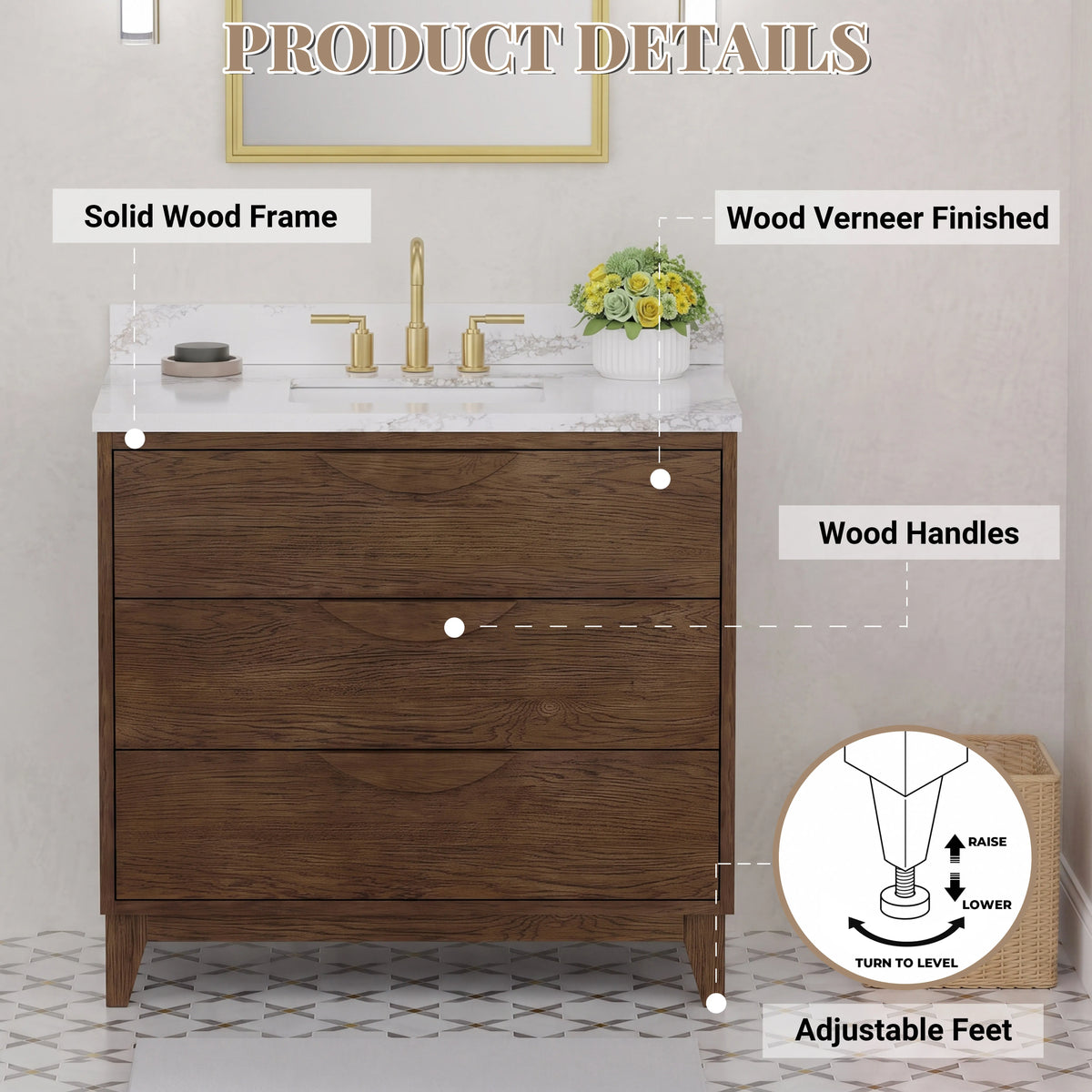 Edmond36" Vanity Set with thickness Laminted eased edge Calacatta Phoenix Quartz top  - Natural Teak