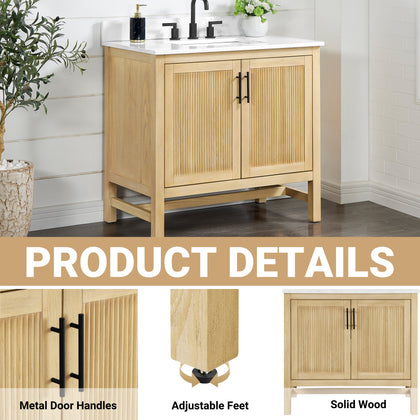 30 inch light teak bathroom vanity with white quartz top showcasing product details including metal door handles and adjustable feet.