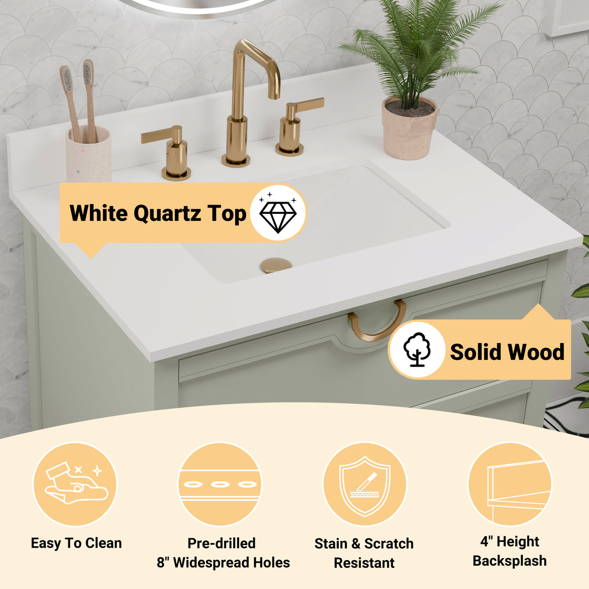 Yulan 30" Single Vanity With Pure White Quartz Top