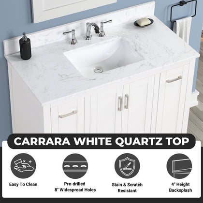 Milford 42" Single Vanity With Carrara white Quartz Stone Top