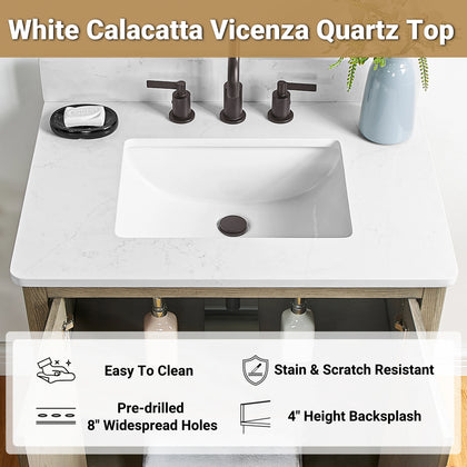 Emporia 30" Single Vanity with White Calacatta Vicenza Quartz Top