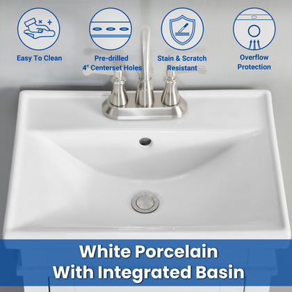 20 inch white bathroom vanity with porcelain sink, features a sleek compact design and brushed nickel hardware ready for a modern faucet in a stylish bathroom setting.