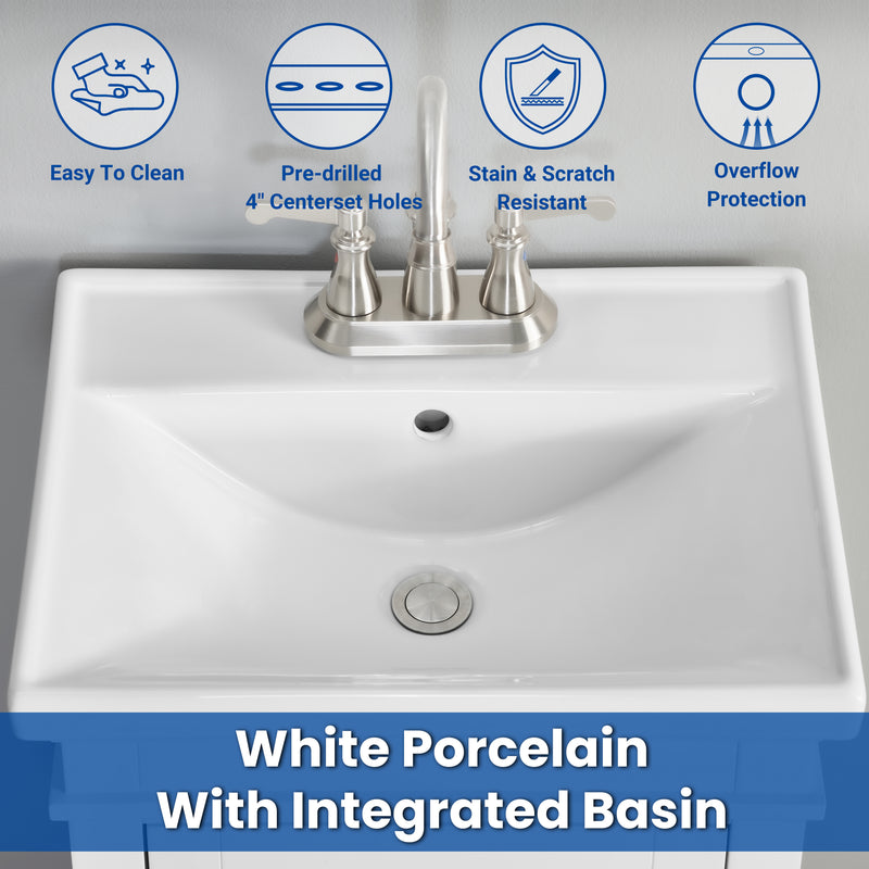 Elmington white vanity with porcelain top featuring easy to clean integrated basin and stainless steel faucet.