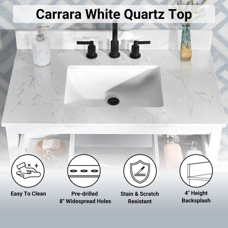 Encino 30" Single Vanity With Carrara White Quartz Stone Top
