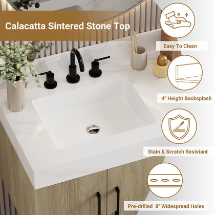 Utopia 48 inch vanity with sintered stone top featuring Calacatta sintered stone, easy-to-clean, stain & scratch resistant design.