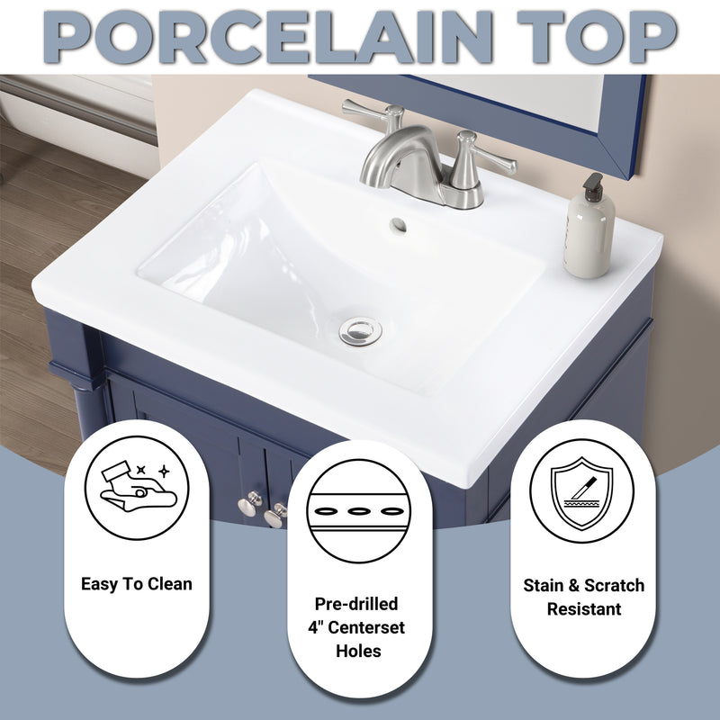 Porcelain top of navy blue bathroom vanity showing easy-to-clean surface and pre-drilled center set holes.
