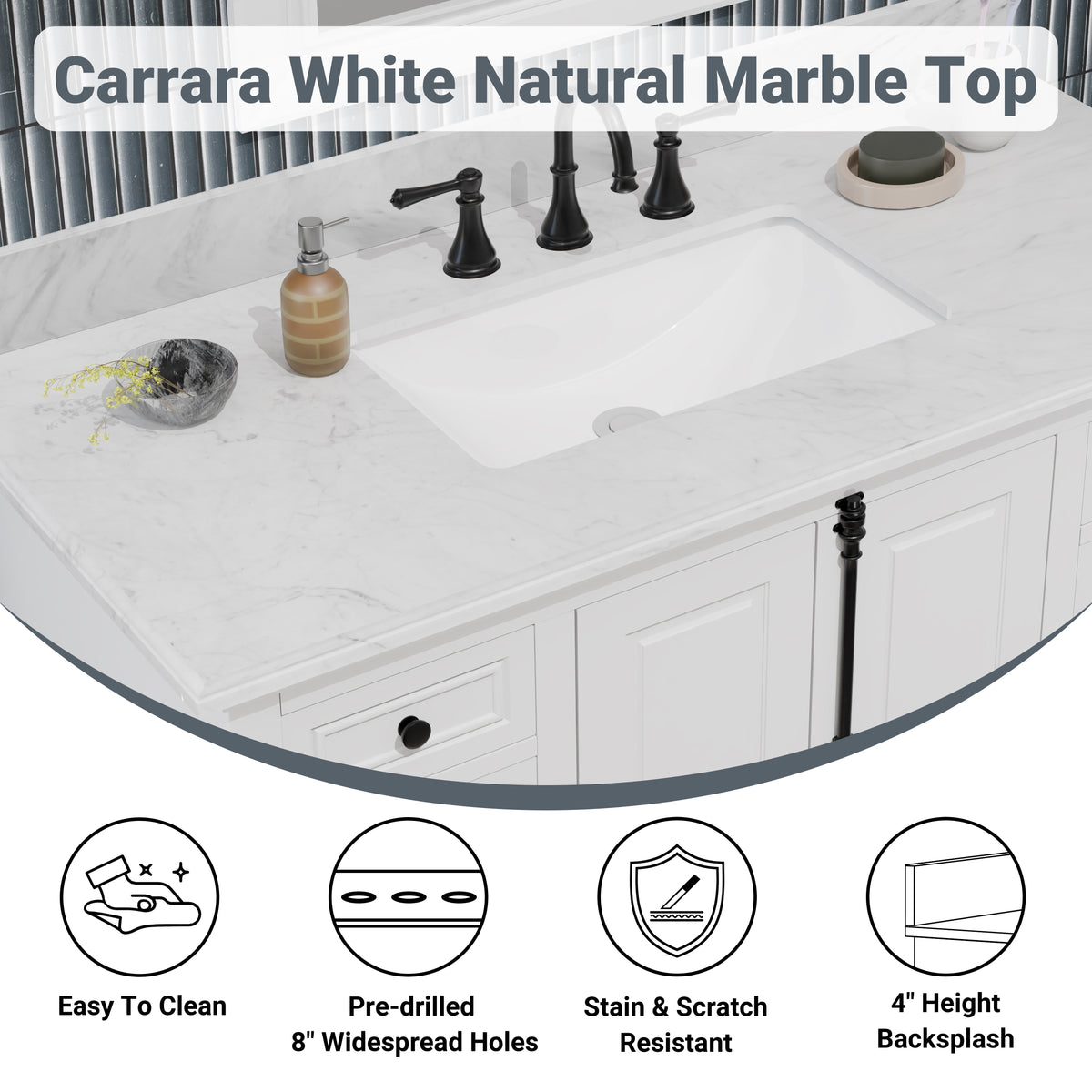 Icon 48" Single Vanity in White with Carrara Marble Top