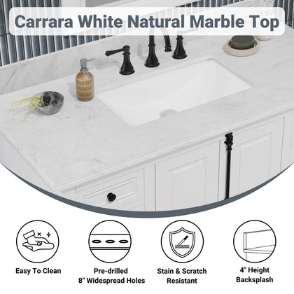 Icon 36 inch vanity with Carrara marble top highlights a polished Carrara White natural marble surface and integrated sink area pre-drilled for a modern widespread faucet.