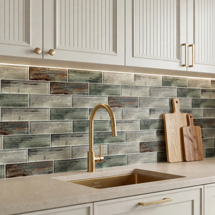Blue & Gray Wood Grain 3-in x 12-in 3D Glass Tile( 5 sq. ft. /Box )