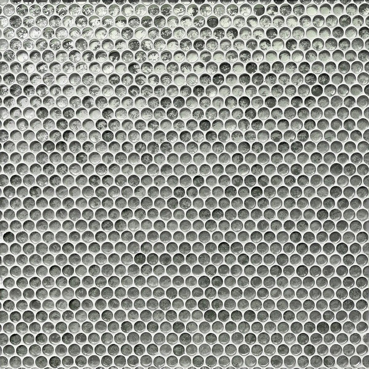 Sample display board of Blue & Gray Textured Penny Round Glass Mosaic Tiles – emphasizing circular pattern and textured surface