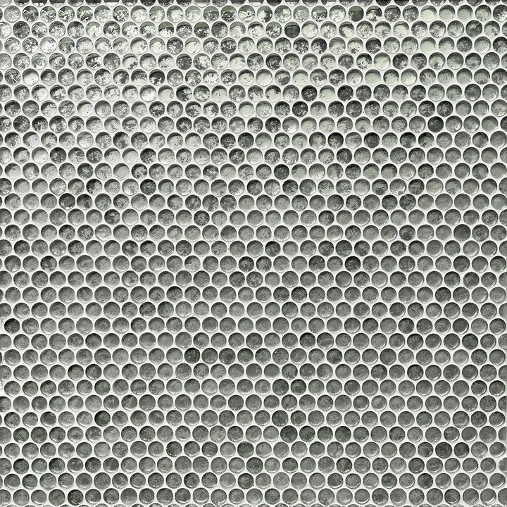 Sample display board of Blue & Gray Textured Penny Round Glass Mosaic Tiles – emphasizing circular pattern and textured surface