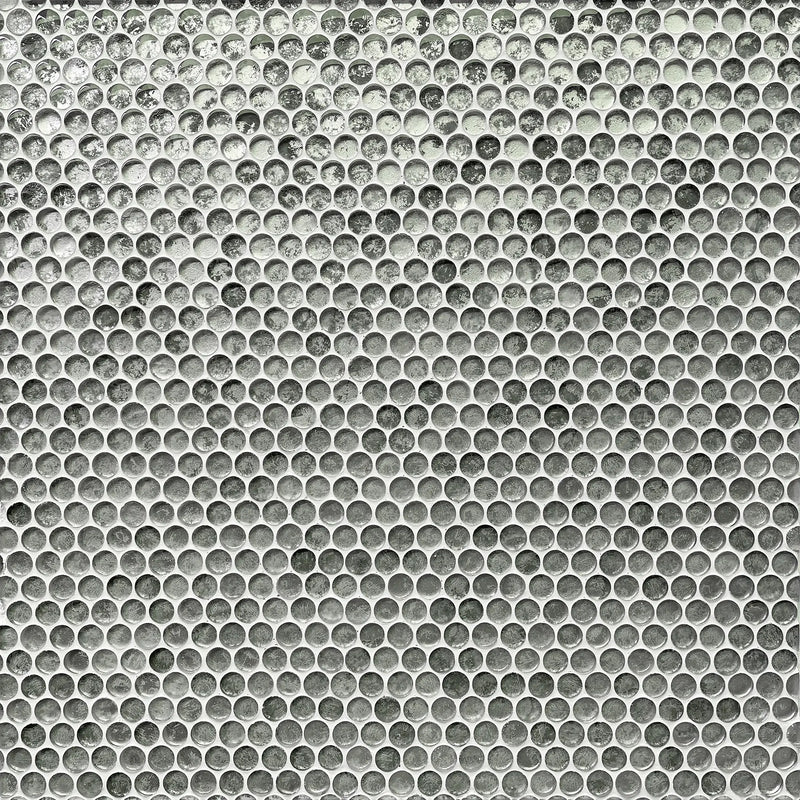 Sample display board of Blue & Gray Textured Penny Round Glass Mosaic Tiles – emphasizing circular pattern and textured surface