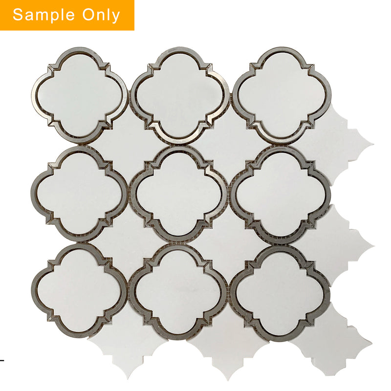 Thassos & Thassos with Patterned Metal Trim Polished Waterjet Mosaic  Floor and Wall Tile - Sample (Product Shown is Full Size)