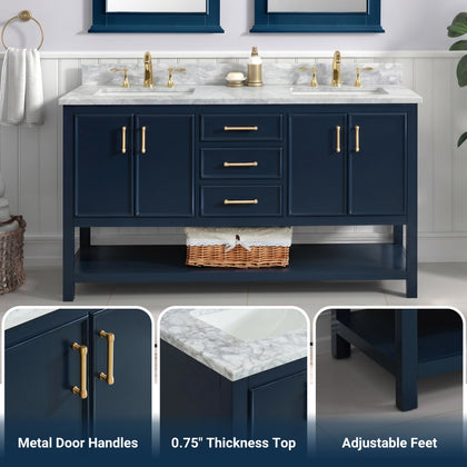 Premium Manhattan 30 inch bathroom vanity with marble top, featuring metal door handles and adjustable feet.