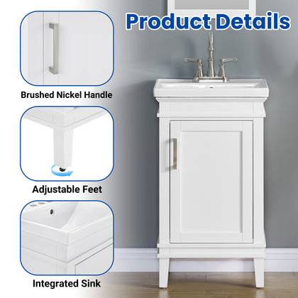 20 inch white bathroom vanity with porcelain sink features a compact design with a single soft-close door, a brushed nickel handle, and adjustable feet in a stylish setting.