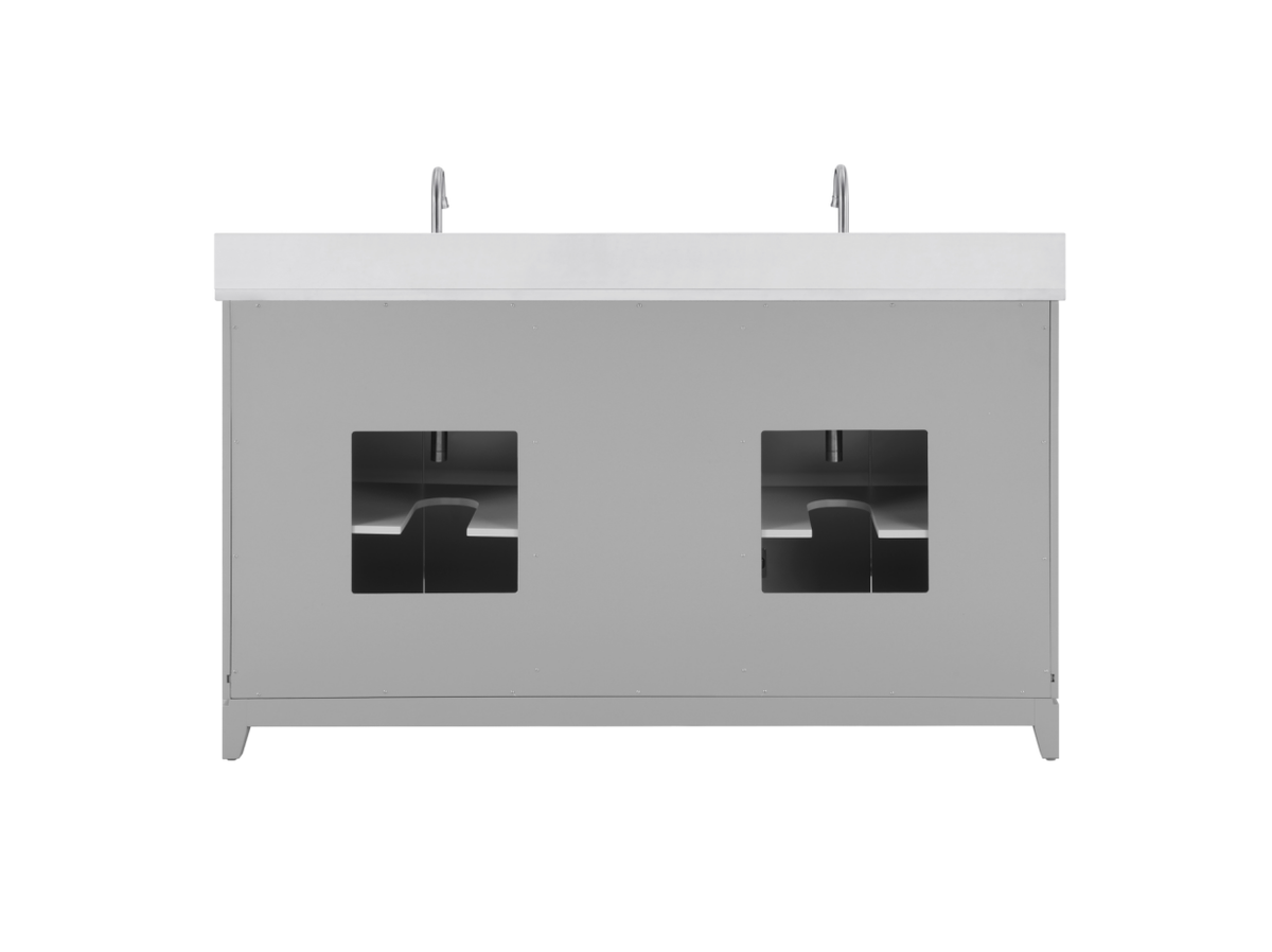 60 inch gray double vanity with quartz top showcasing spacious storage and modern design.