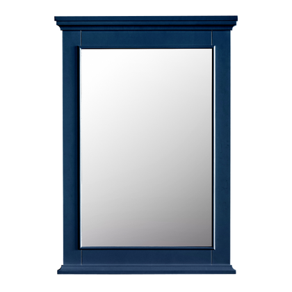Navy blue bathroom vanity mirror featuring a rectangular design, enhancing elegance in medium-sized bathrooms.