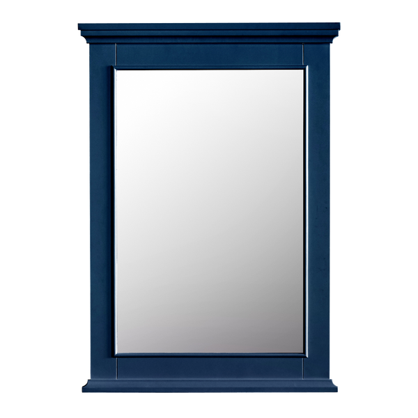 Navy blue bathroom vanity mirror featuring a rectangular design, enhancing elegance in medium-sized bathrooms.