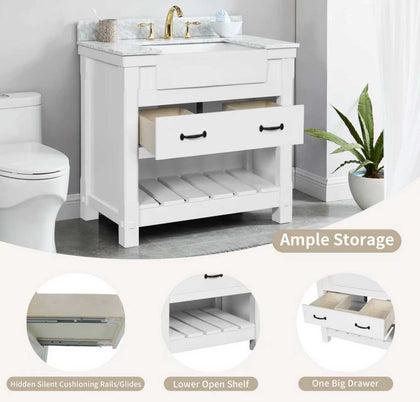 Farmington 36" Open Shelf Vanity Set with Premium Carrara Marble Top