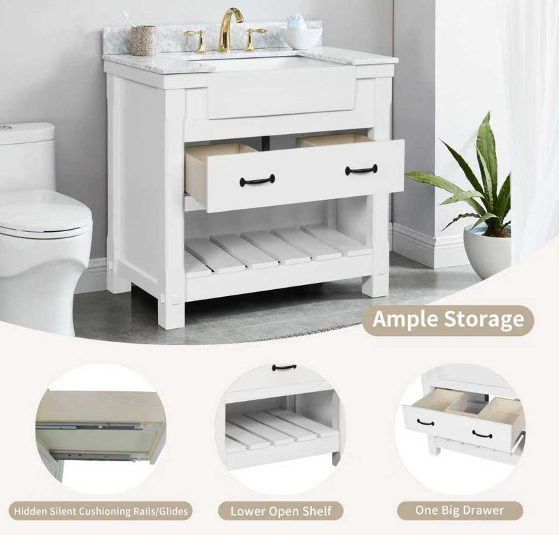 Farmington 36" Open Shelf Vanity Set with Premium Carrara Marble Top