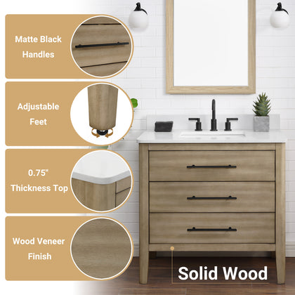 36 inch light wood bathroom vanity with Carrara quartz top, modern design with matte black handles and natural warmth.