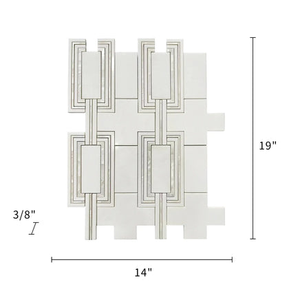 Size diagram of Thassos & Mother of Pearl Waterjet Mosaic Tile – 14x19 inch tile with 1.85 sq. ft coverage.