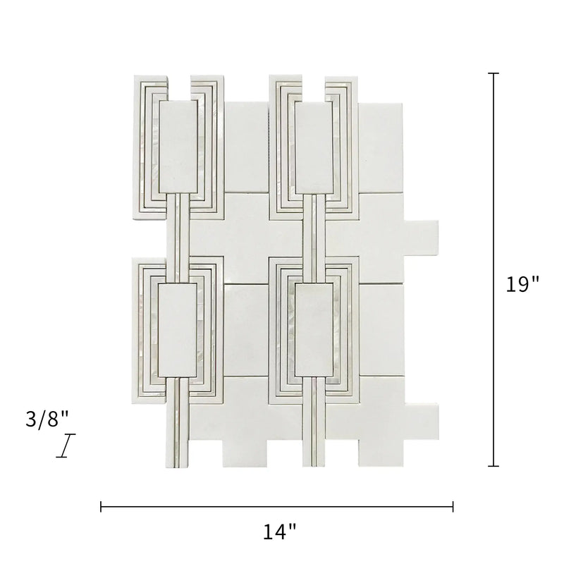 Size diagram of Thassos & Mother of Pearl Waterjet Mosaic Tile – 14x19 inch tile with 1.85 sq. ft coverage.
