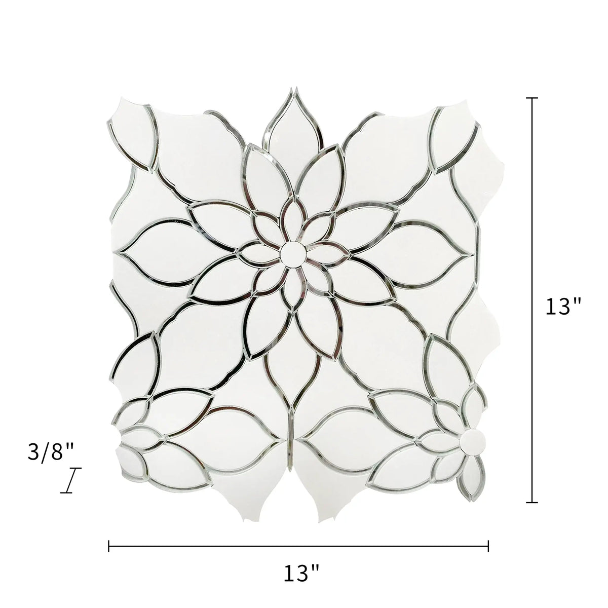Size diagram of Thassos & Mirror Floral Waterjet Mosaic Tile – 13x13 inch tile with 1.17 sq. ft coverage.