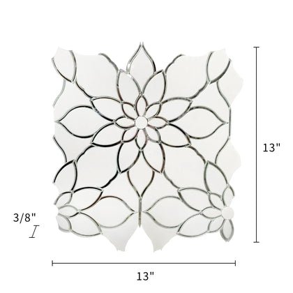 Size diagram of Thassos & Mirror Floral Waterjet Mosaic Tile – 13x13 inch tile with 1.17 sq. ft coverage.