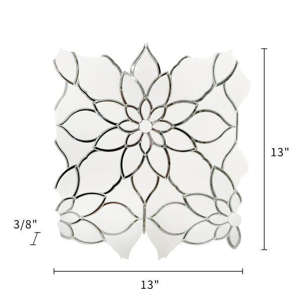 Size diagram of Thassos & Mirror Floral Waterjet Mosaic Tile – 13x13 inch tile with 1.17 sq. ft coverage.
