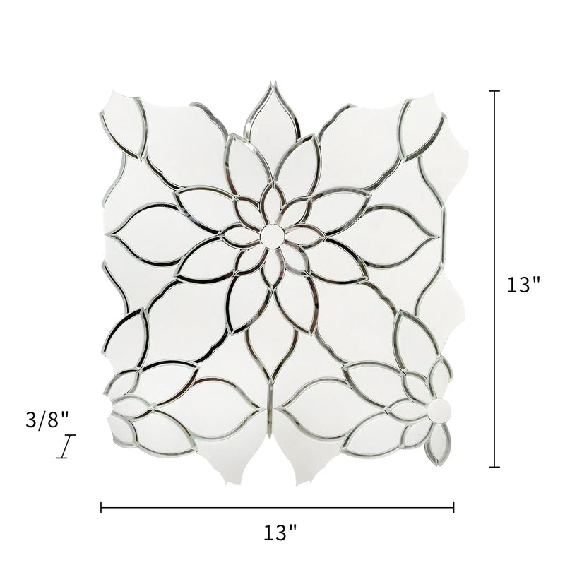 Size diagram of Thassos & Mirror Floral Waterjet Mosaic Tile – 13x13 inch tile with 1.17 sq. ft coverage.