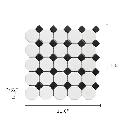 Size diagram of Octagon Matte Porcelain Mosaic Tile – labeled 11.6x11.6 in., covering 0.93 sq. ft.