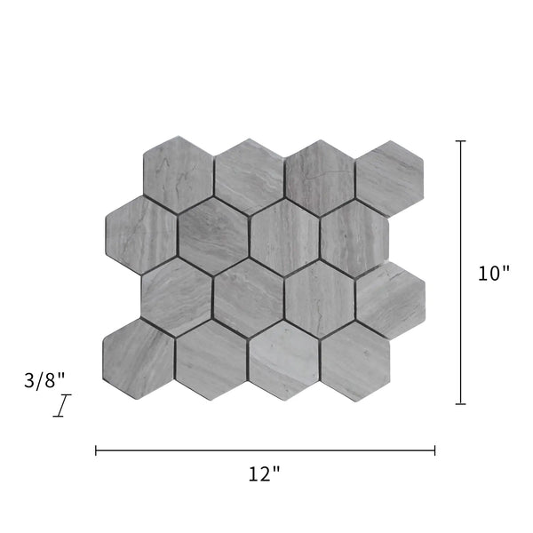 3-in Wooden gray Hexagon 12-in x 10-in Honed Marble Mosaic Wall Tile( 4.15 sq. ft. /Box )