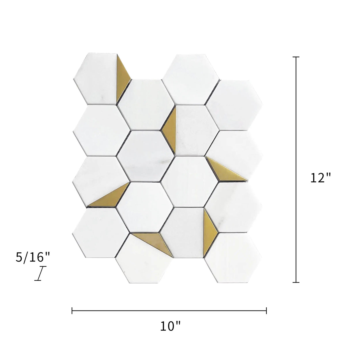 Size diagram of Royal White Hexagon Marble Tile – 12-in x 10-in layout with gold accent indicators