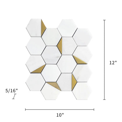Size diagram of Royal White Hexagon Marble Tile – 12-in x 10-in layout with gold accent indicators