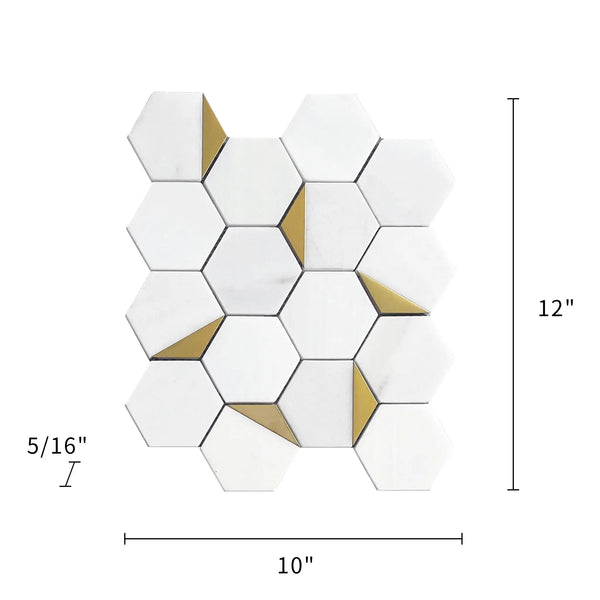 Size diagram of Royal White Hexagon Marble Tile – 12-in x 10-in layout with gold accent indicators