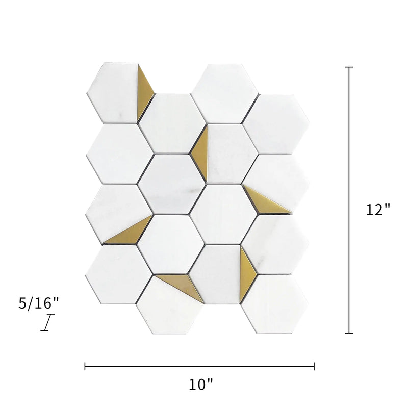 Size diagram of Royal White Hexagon Marble Tile – 12-in x 10-in layout with gold accent indicators